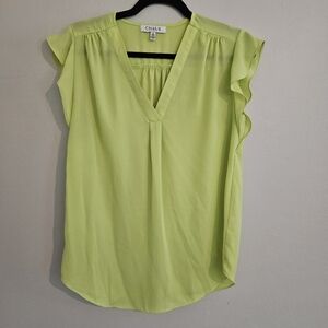 Chaus New York Women's Neon Lime Green Yellow Flutter Sleeve Blouse V-neck Small
